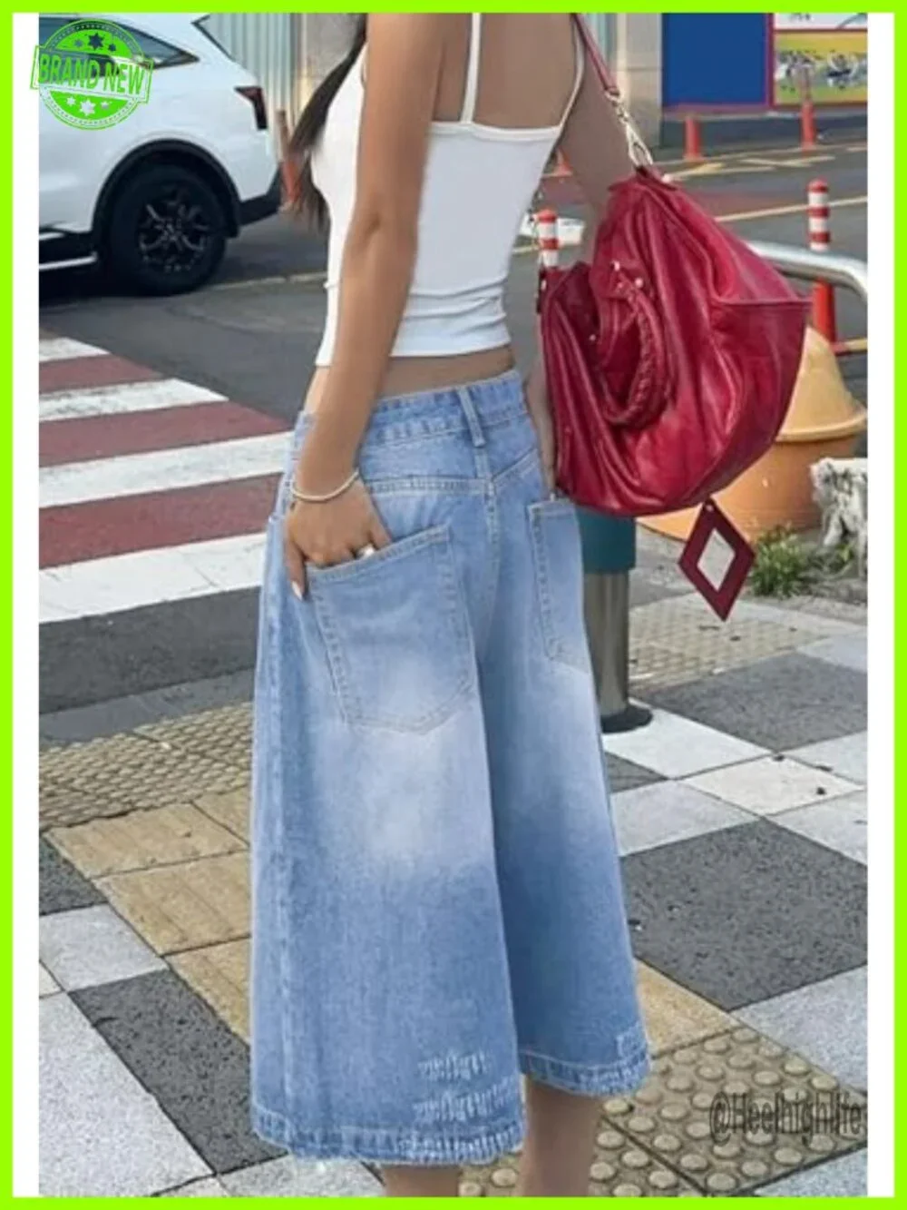 Women's High Waist Wide Leg Bermuda Jean Shorts Stretchy Denim Capris